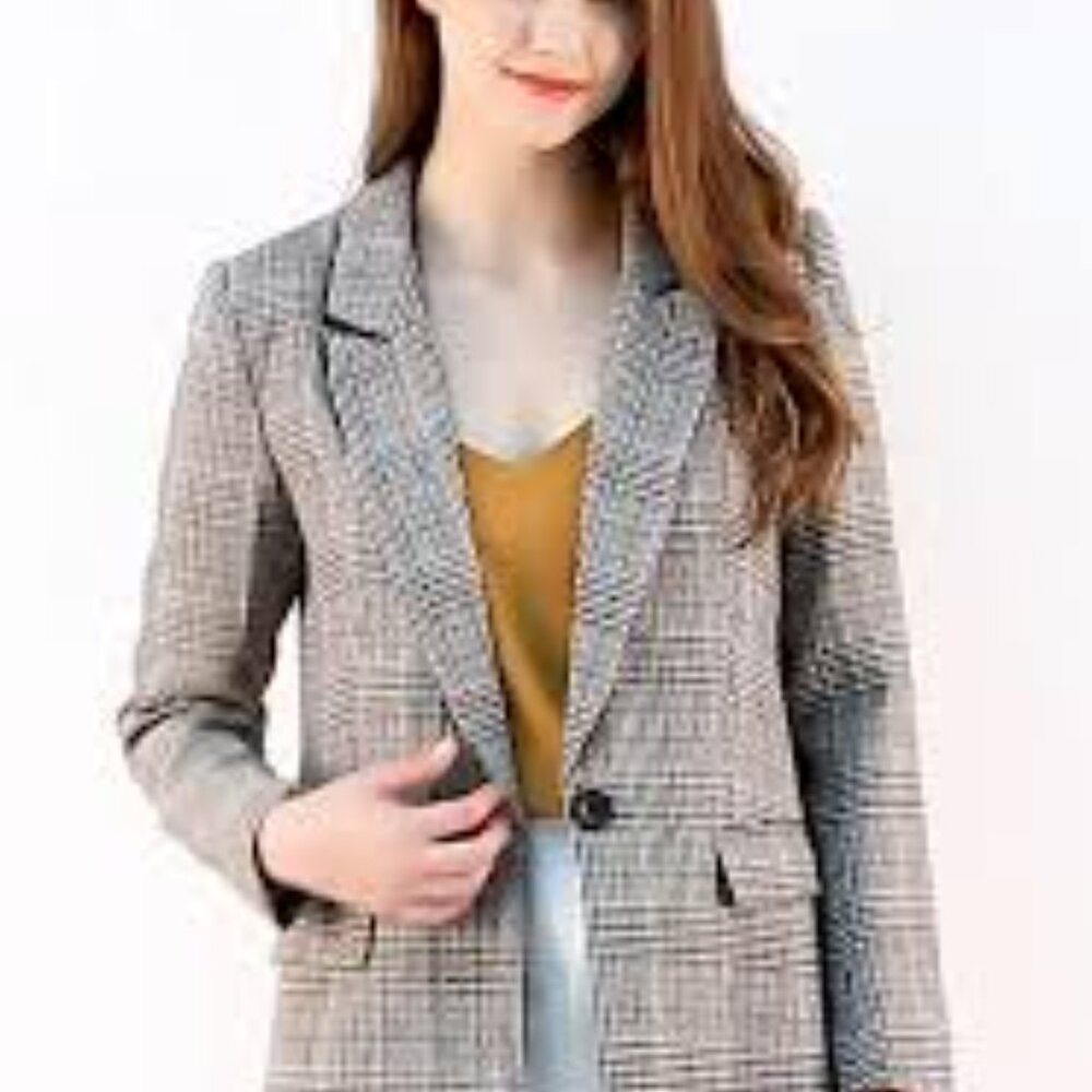Marled Tan Houndstooth Plaid Long Single Button Blazer Jacket Size XL - Picture 12 of 12
